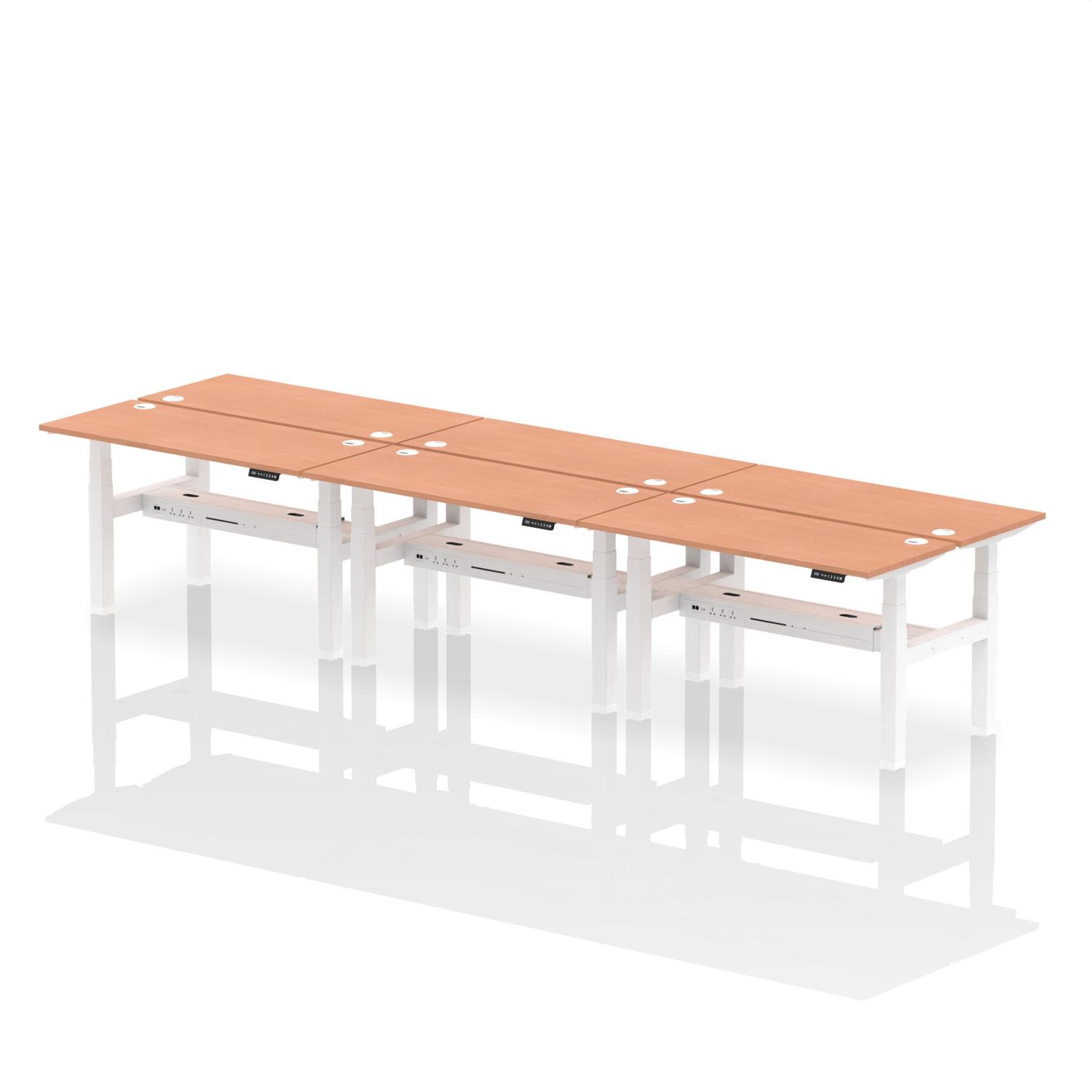 Air Back-to-Back 1400 x 600mm Height Adjustable 6 Person Office Bench Desk Beech Top with Cable Ports White Frame