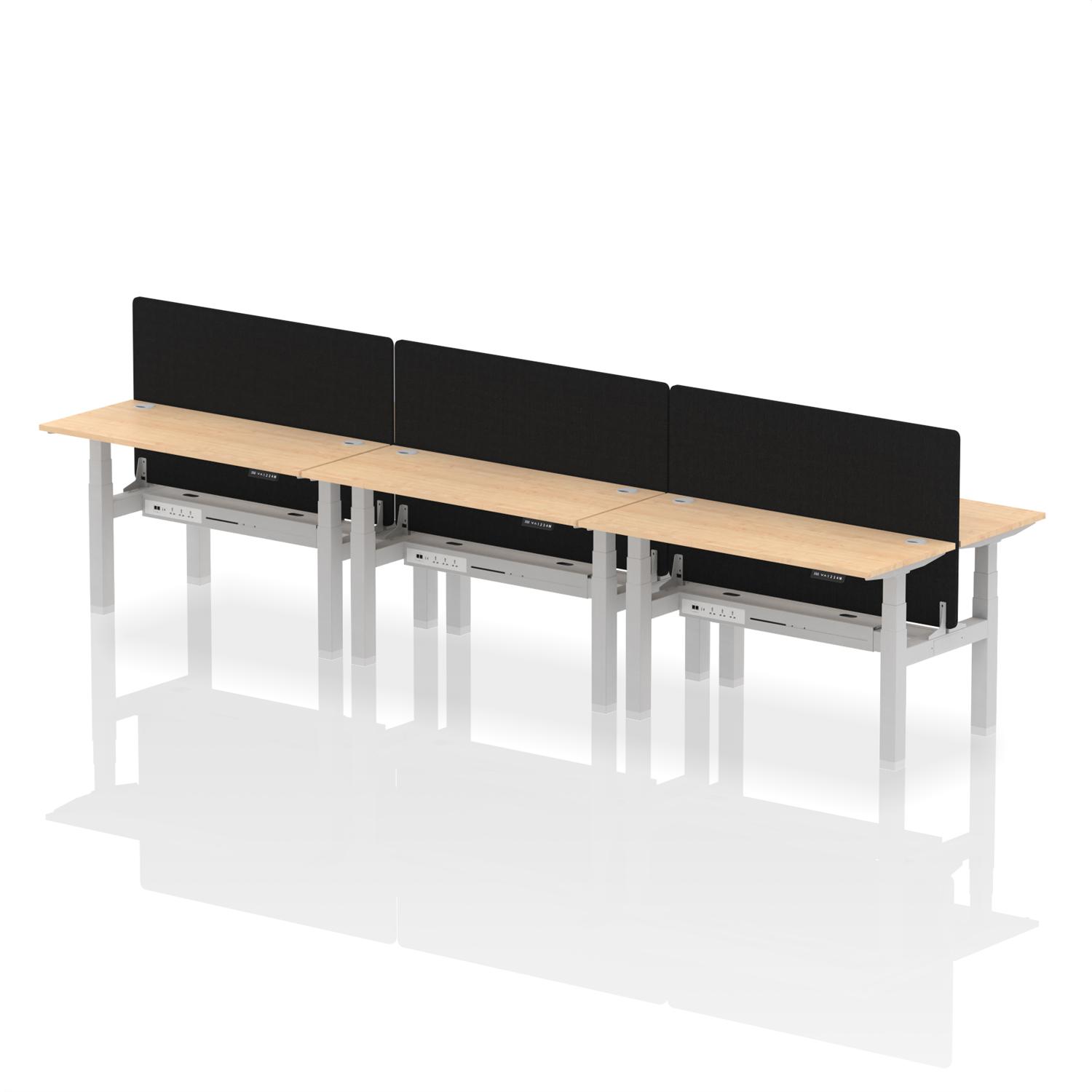 Air Back-to-Back 1400 x 600mm Height Adjustable 6 Person Office Bench Desk Maple Top with Cable Ports Silver Frame with Black Straight Screen