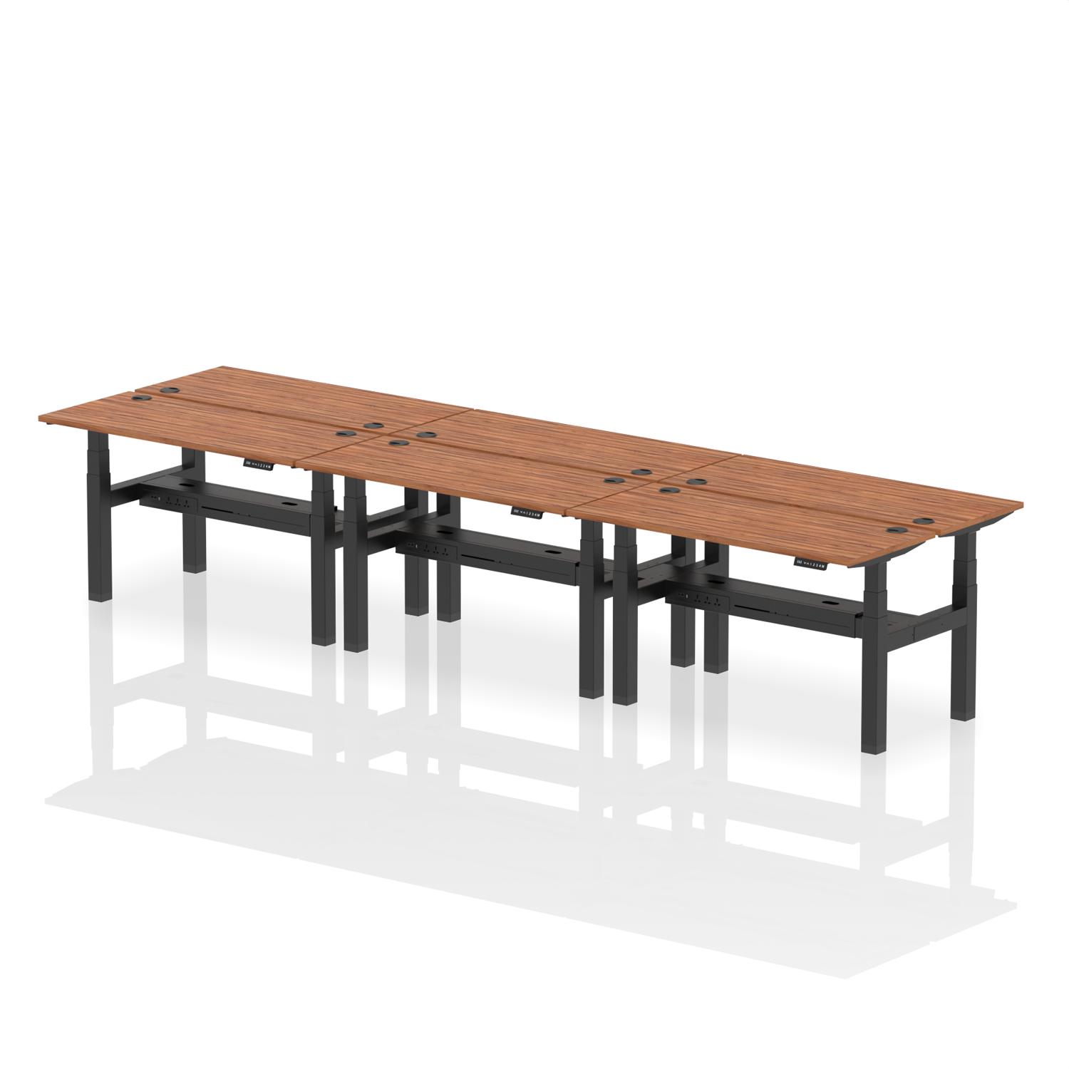 Air Back-to-Back 1400 x 600mm Height Adjustable 6 Person Office Bench Desk Walnut Top with Cable Ports Black Frame