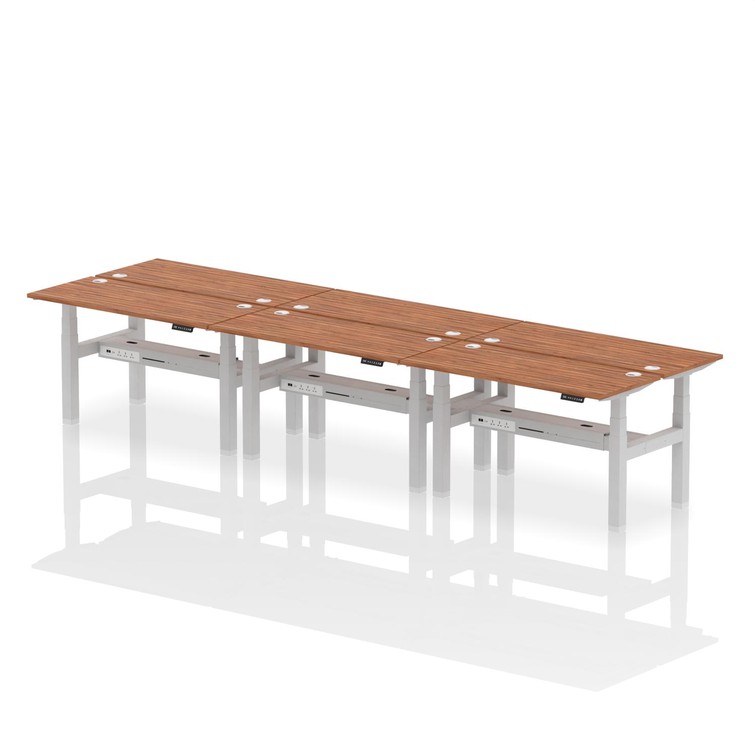 Air Back-to-Back 1400 x 600mm Height Adjustable 6 Person Office Bench Desk Walnut Top with Cable Ports Silver Frame