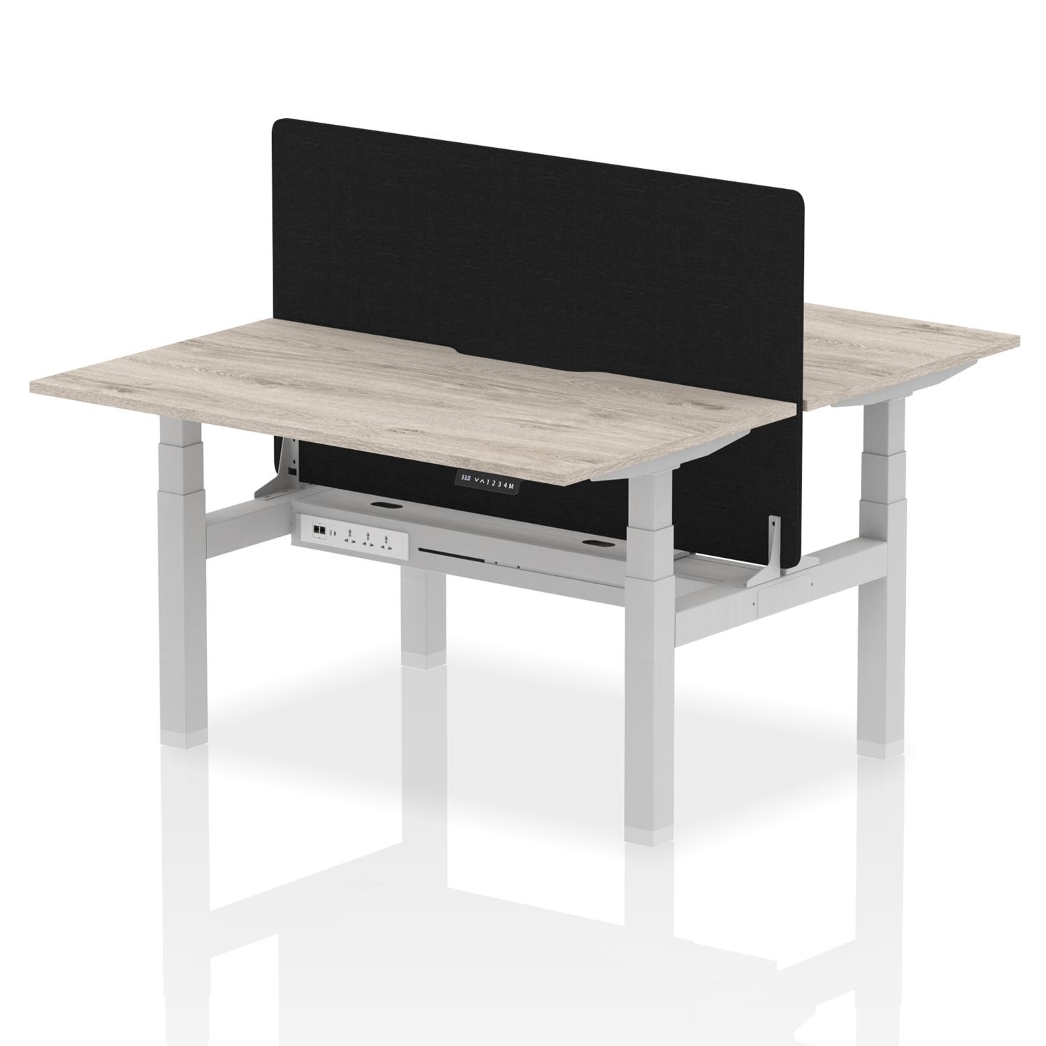 Air Back-to-Back 1400 x 800mm Height Adjustable 2 Person Office Bench Desk Grey Oak Top with Scalloped Edge Silver Frame with Black Straight Screen