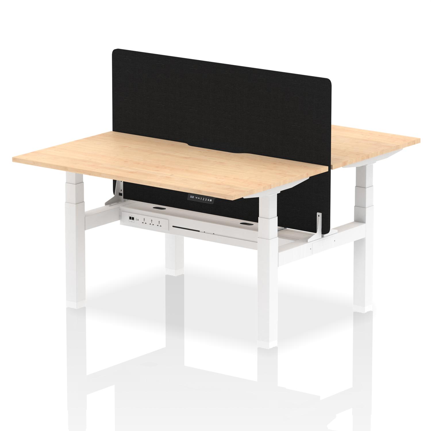 Air Back-to-Back 1400 x 800mm Height Adjustable 2 Person Office Bench Desk Maple Top with Scalloped Edge White Frame with Black Straight Screen