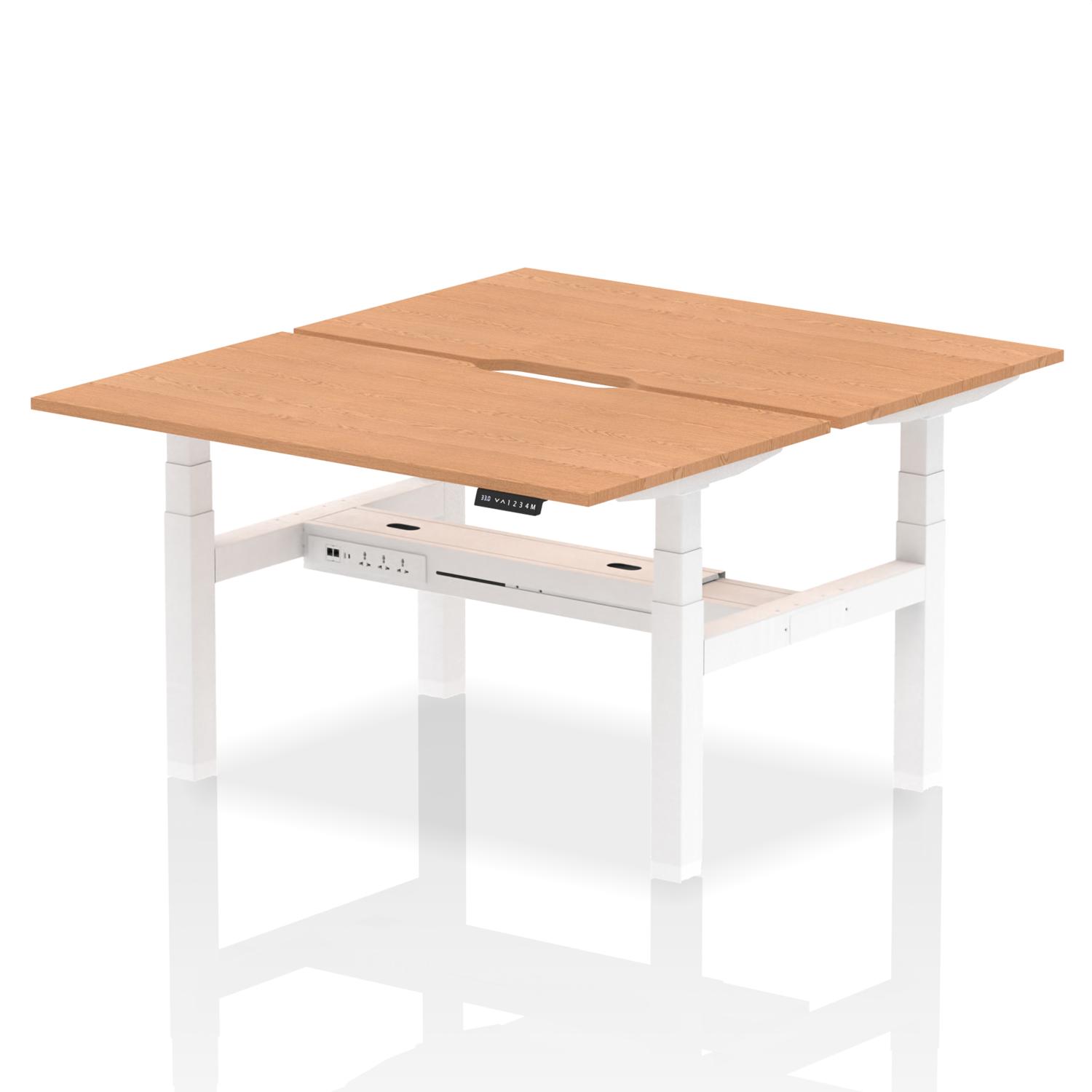 Air Back-to-Back 1400 x 800mm Height Adjustable 2 Person Office Bench Desk Oak Top with Scalloped Edge White Frame