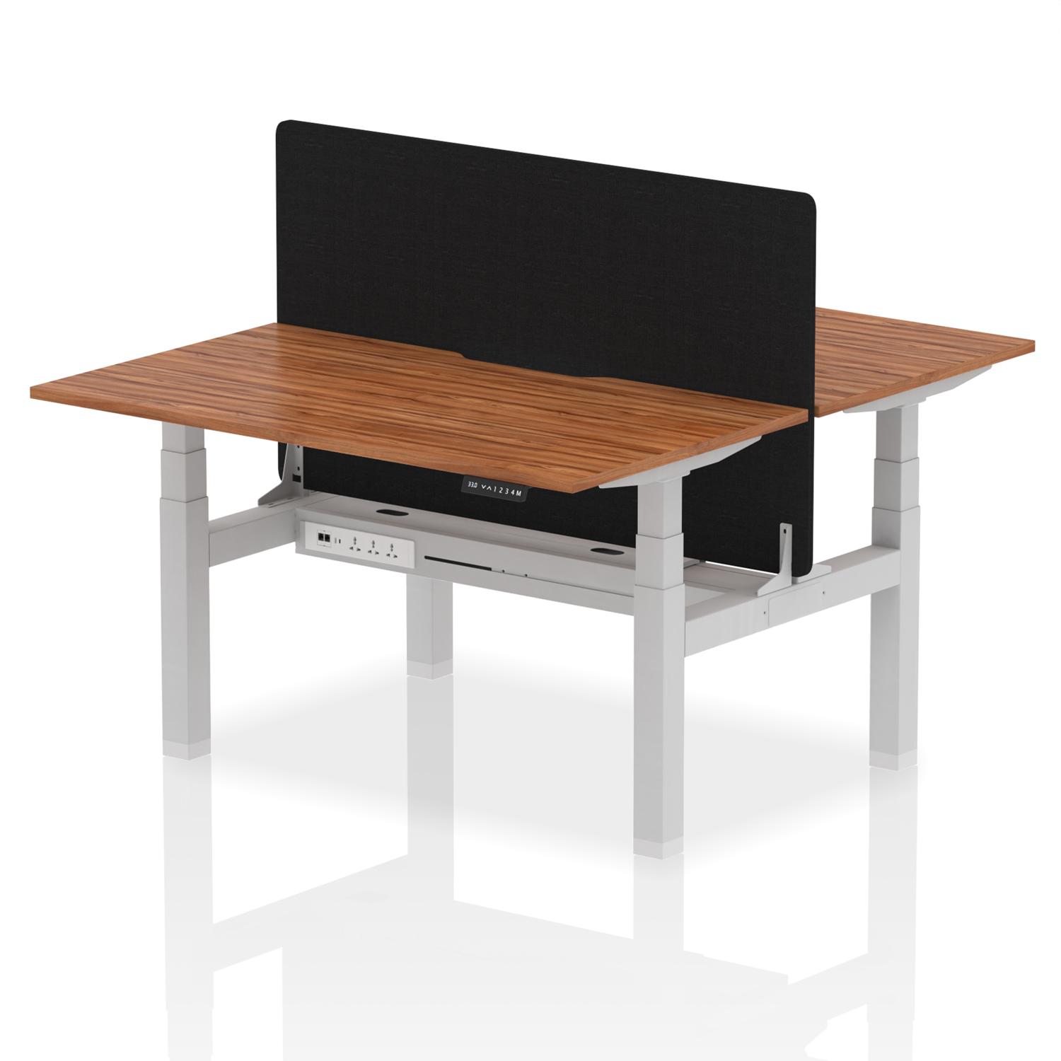 Air Back-to-Back 1400 x 800mm Height Adjustable 2 Person Office Bench Desk Walnut Top with Scalloped Edge Silver Frame with Black Straight Screen