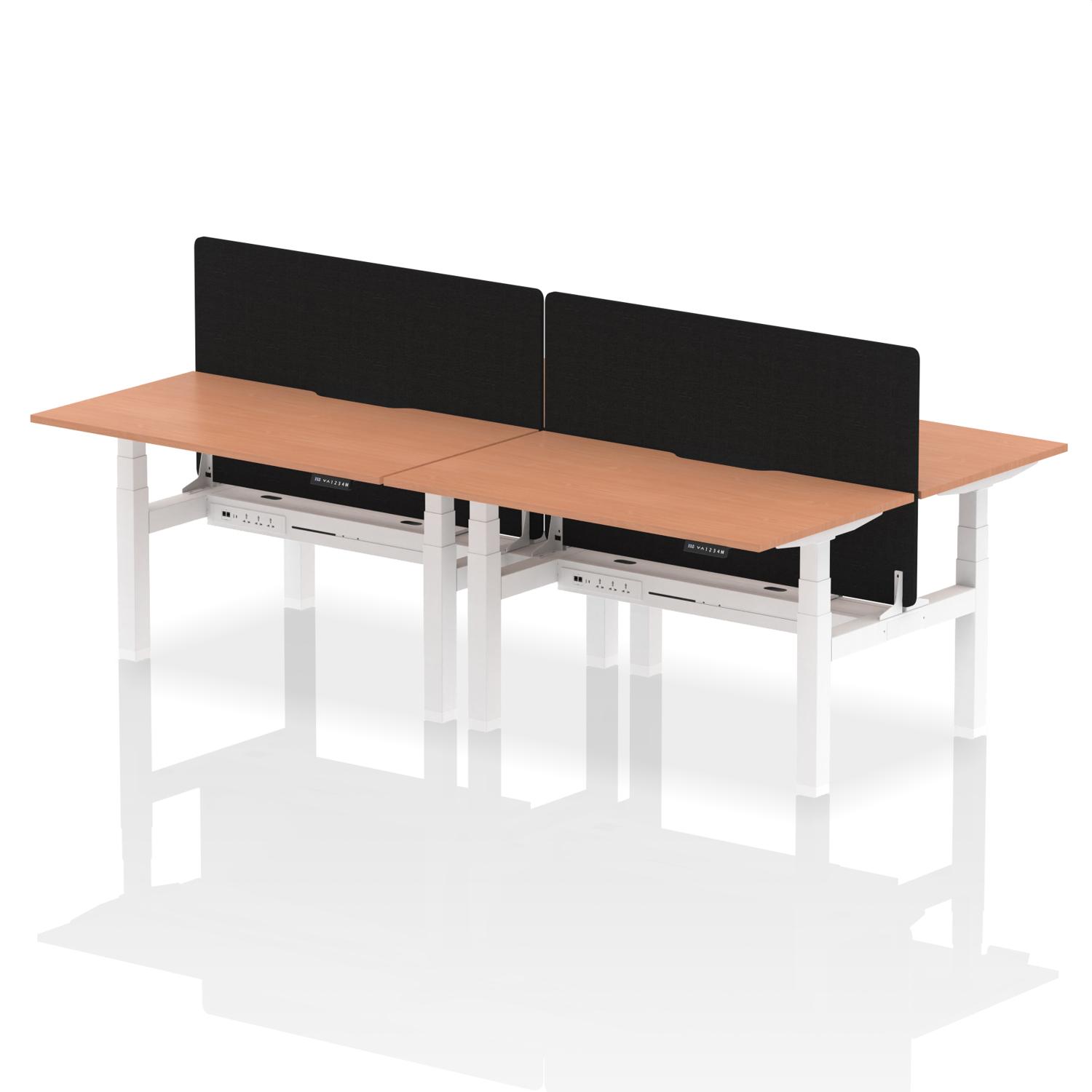 Air Back-to-Back 1400 x 800mm Height Adjustable 4 Person Office Bench Desk Beech Top with Scalloped Edge White Frame with Black Straight Screen