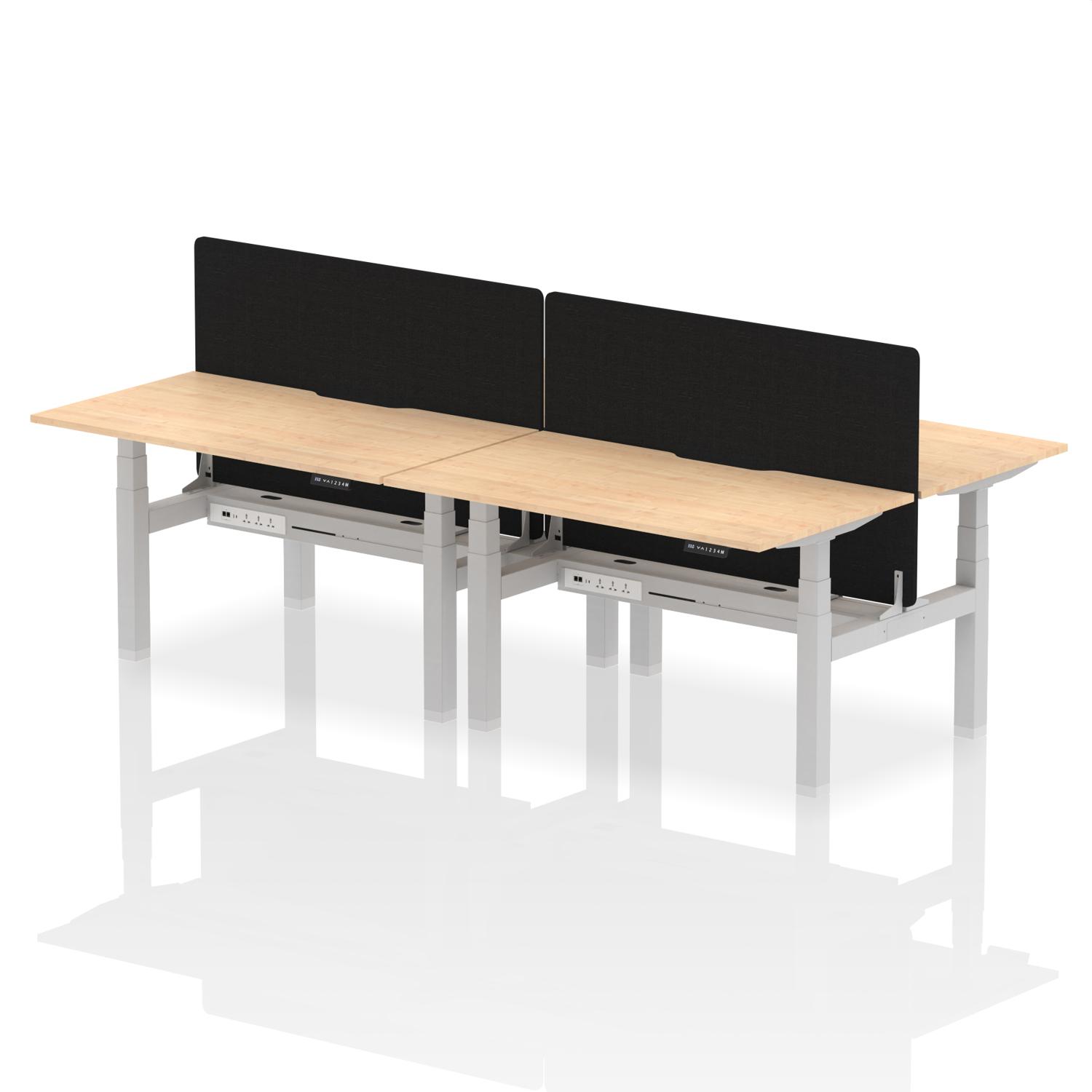 Air Back-to-Back 1400 x 800mm Height Adjustable 4 Person Office Bench Desk Maple Top with Scalloped Edge Silver Frame with Black Straight Screen