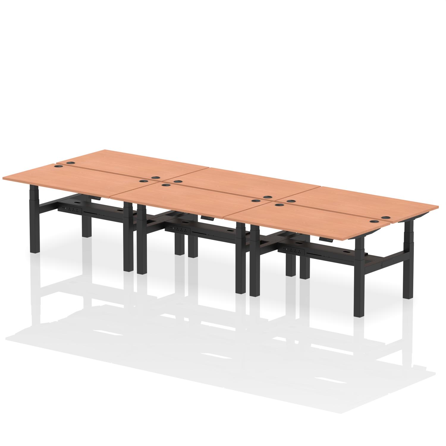 Air Back-to-Back 1400 x 800mm Height Adjustable 6 Person Office Bench Desk Beech Top with Cable Ports Black Frame