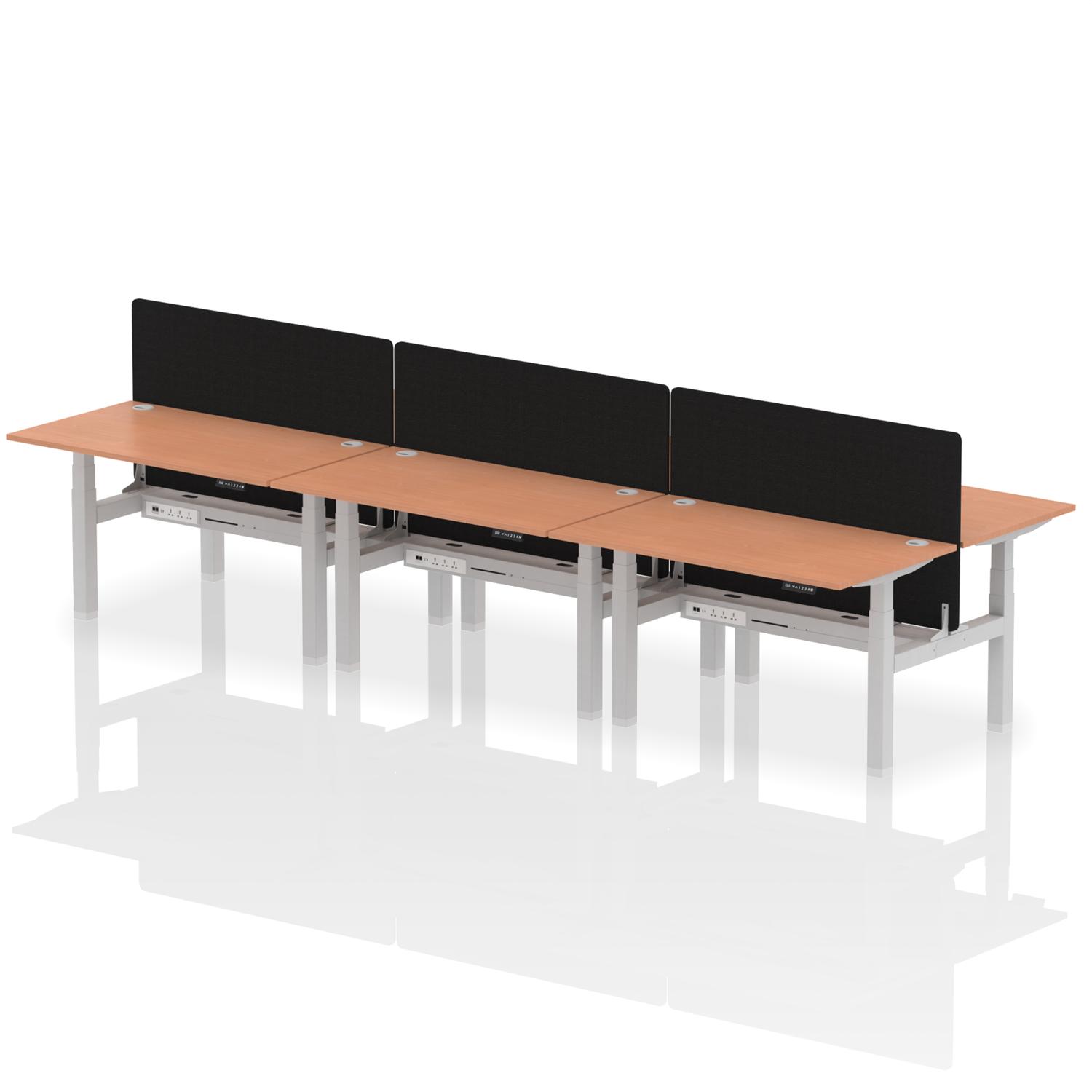 Air Back-to-Back 1400 x 800mm Height Adjustable 6 Person Office Bench Desk Beech Top with Cable Ports Silver Frame with Black Straight Screen