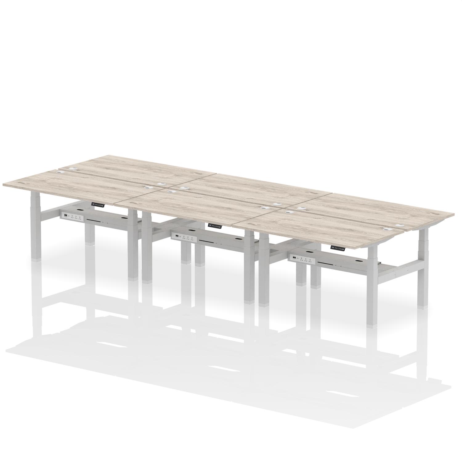 Air Back-to-Back 1400 x 800mm Height Adjustable 6 Person Office Bench Desk Grey Oak Top with Cable Ports Silver Frame