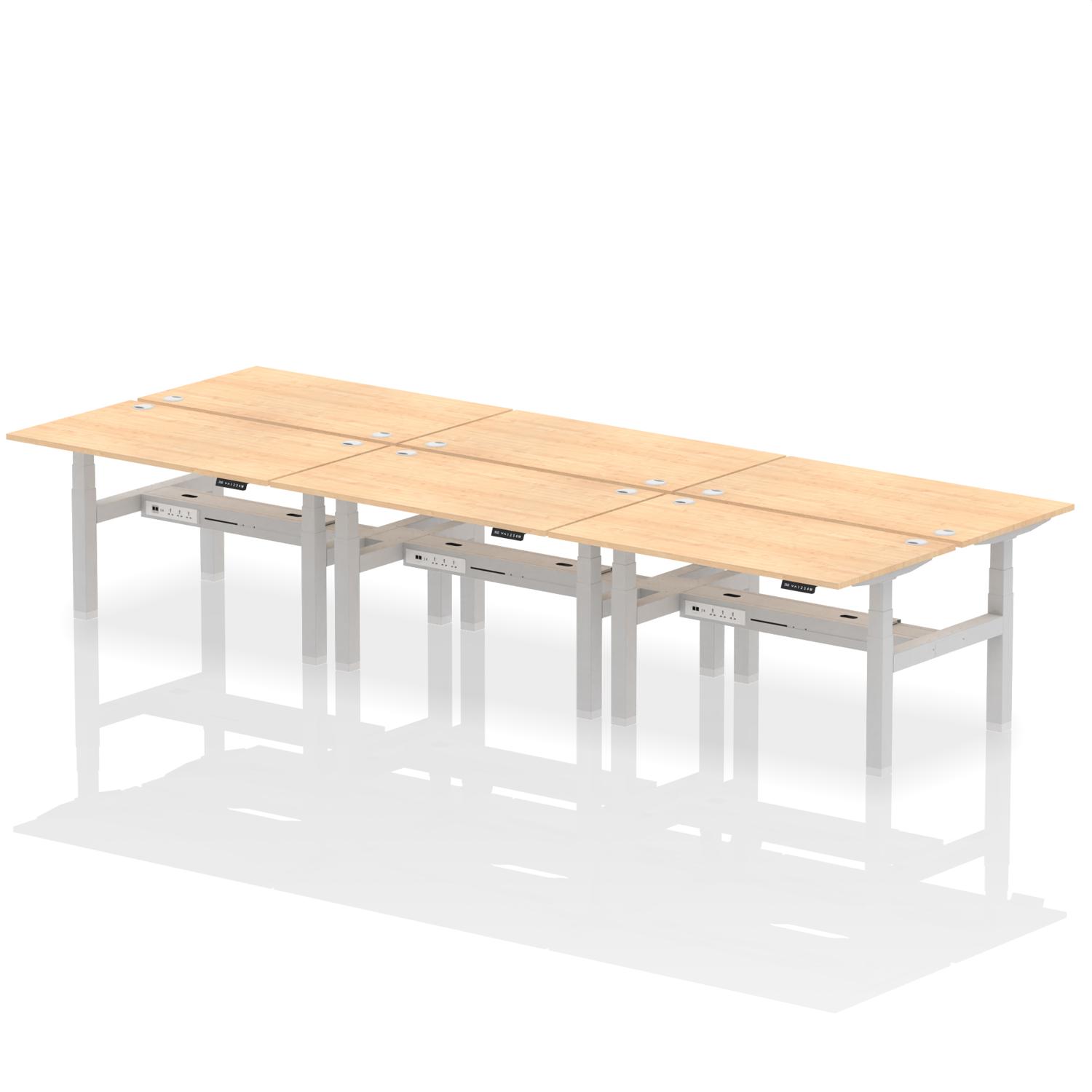 Air Back-to-Back 1400 x 800mm Height Adjustable 6 Person Office Bench Desk Maple Top with Cable Ports Silver Frame