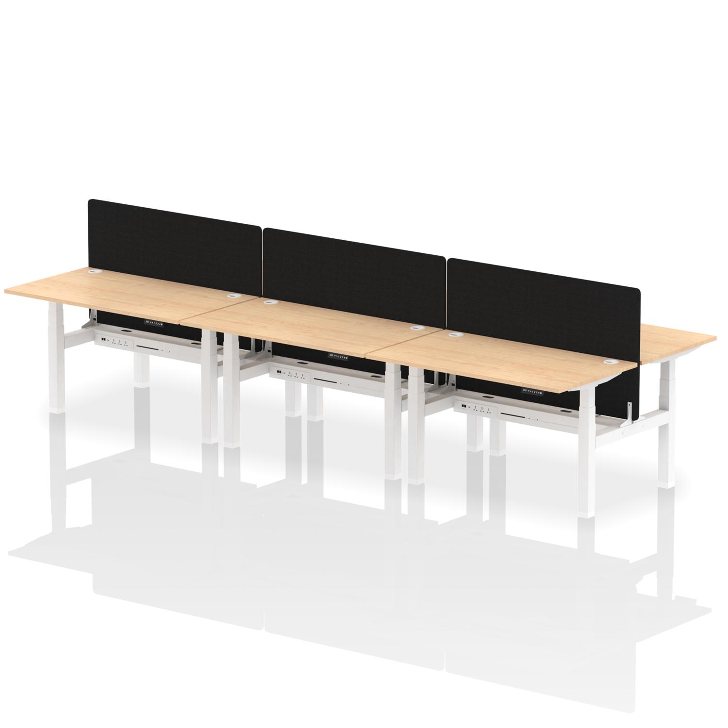 Air Back-to-Back 1400 x 800mm Height Adjustable 6 Person Office Bench Desk Maple Top with Cable Ports White Frame with Black Straight Screen Air Back-to-Back 1400 x 800mm Height Adjustable 6 Person Office Bench Desk Maple Top with Cable Ports White Frame with Black Straight Screen