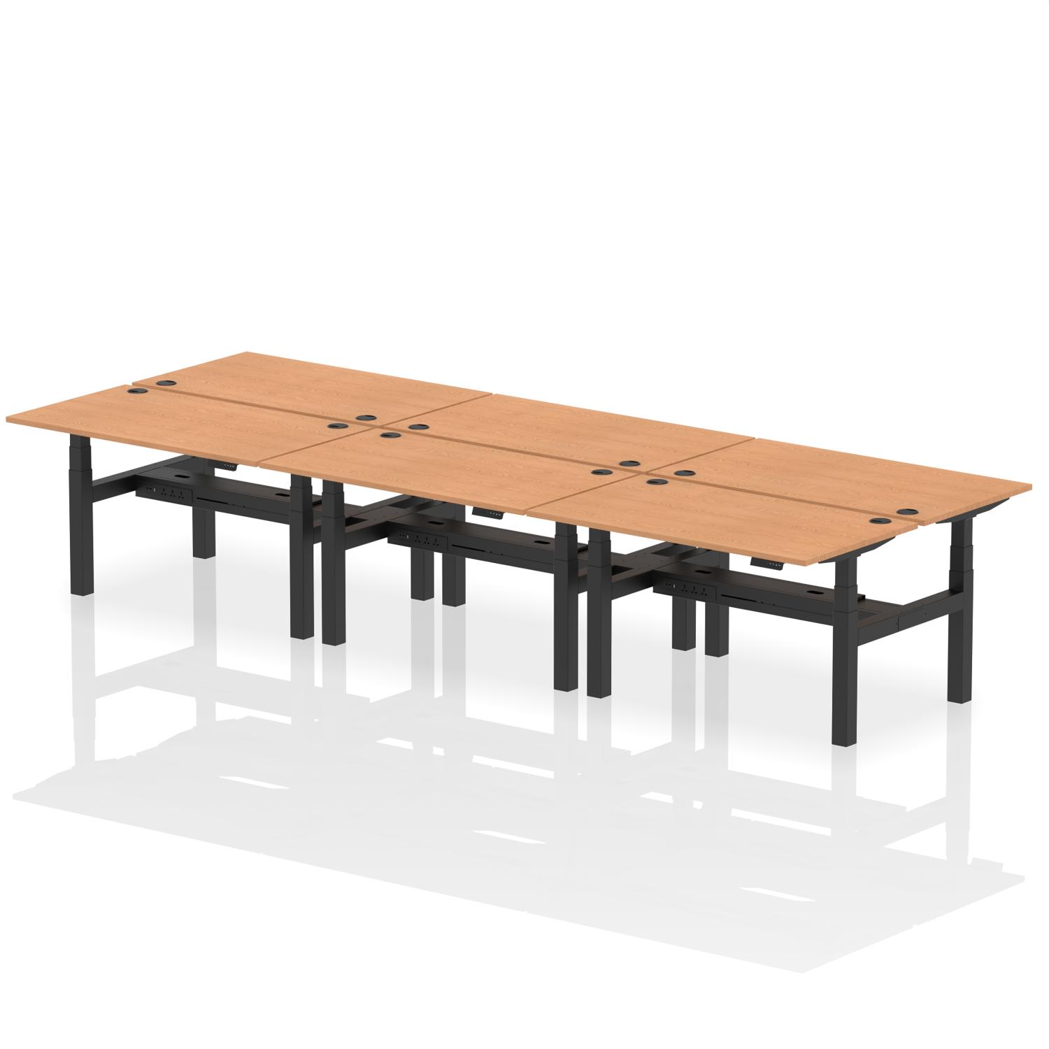 Air Back-to-Back 1400 x 800mm Height Adjustable 6 Person Office Bench Desk Oak Top with Cable Ports Black Frame