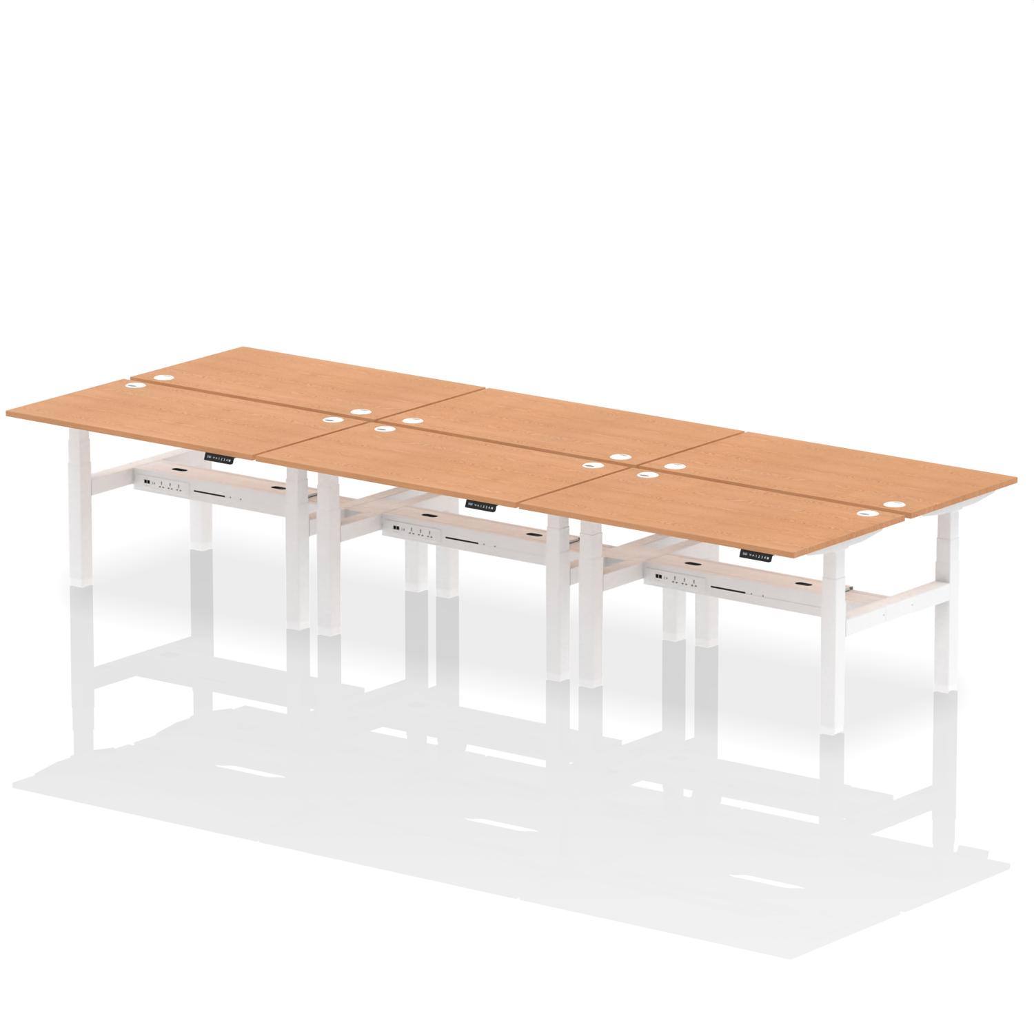 Air Back-to-Back 1400 x 800mm Height Adjustable 6 Person Office Bench Desk Oak Top with Cable Ports White Frame