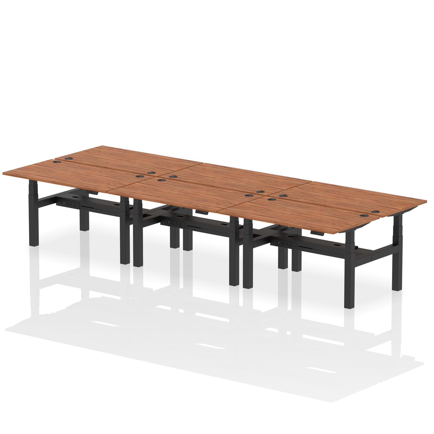 Air Back-to-Back 1400 x 800mm Height Adjustable 6 Person Office Bench Desk Walnut Top with Cable Ports Black Frame