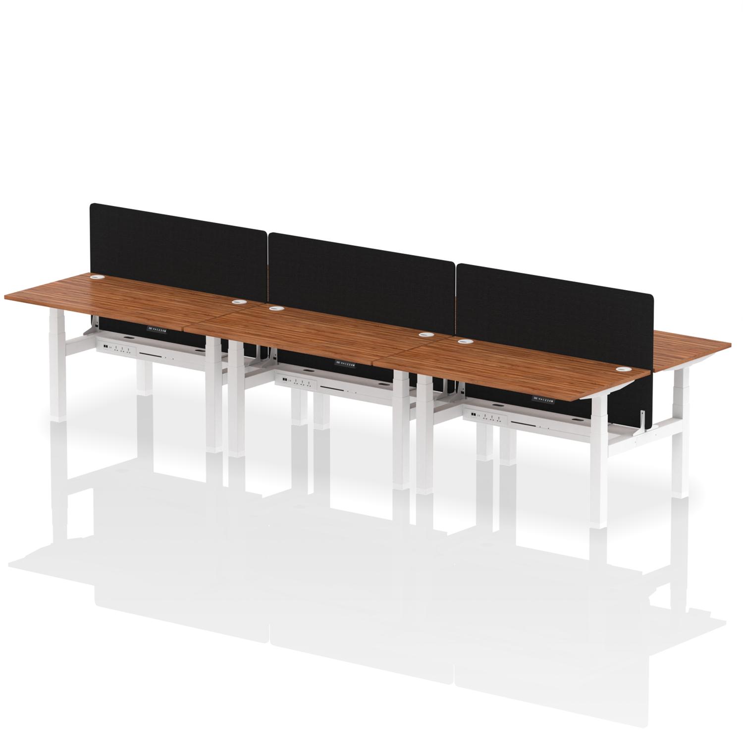 Air Back-to-Back 1400 x 800mm Height Adjustable 6 Person Office Bench Desk Walnut Top with Cable Ports White Frame with Black Straight Screen