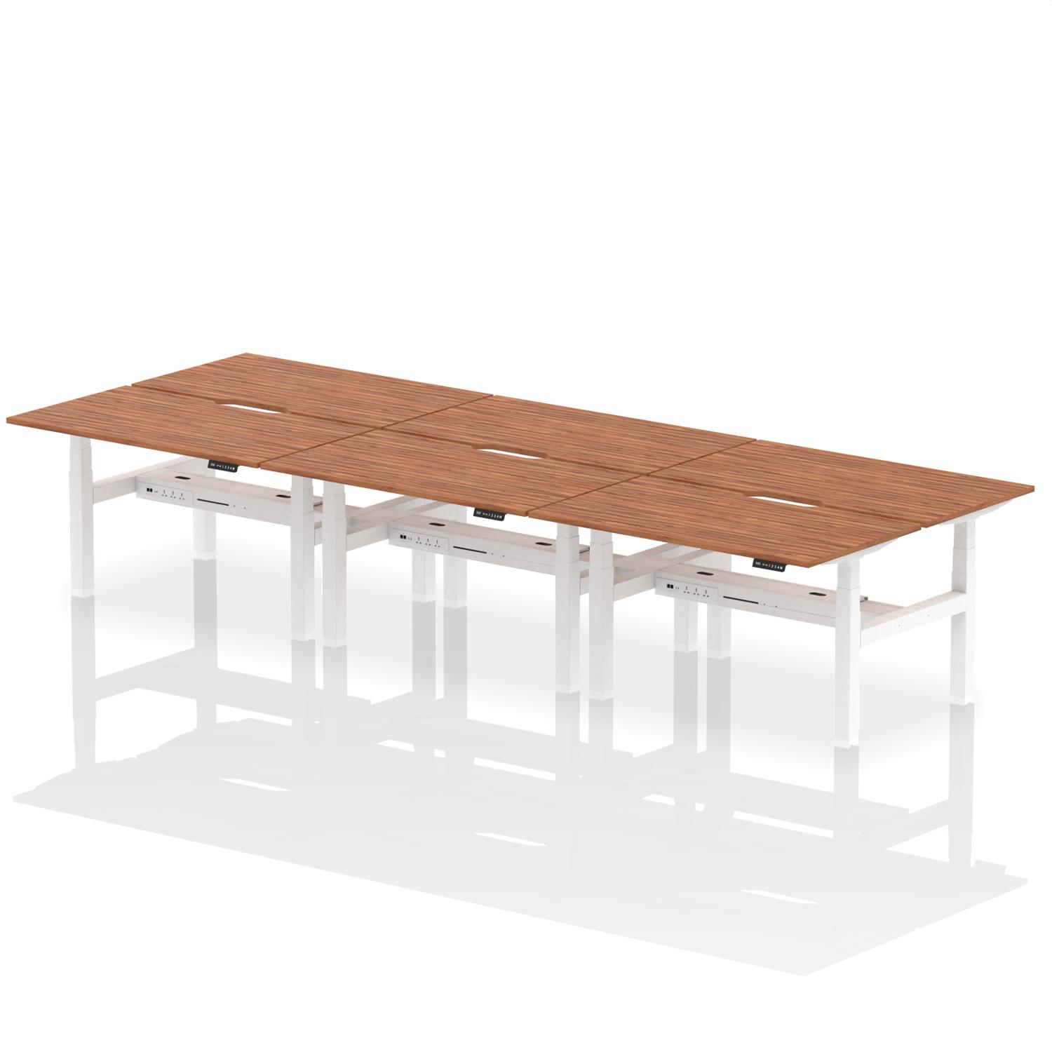 Air Back-to-Back 1400 x 800mm Height Adjustable 6 Person Office Bench Desk Walnut Top with Scalloped Edge White Frame