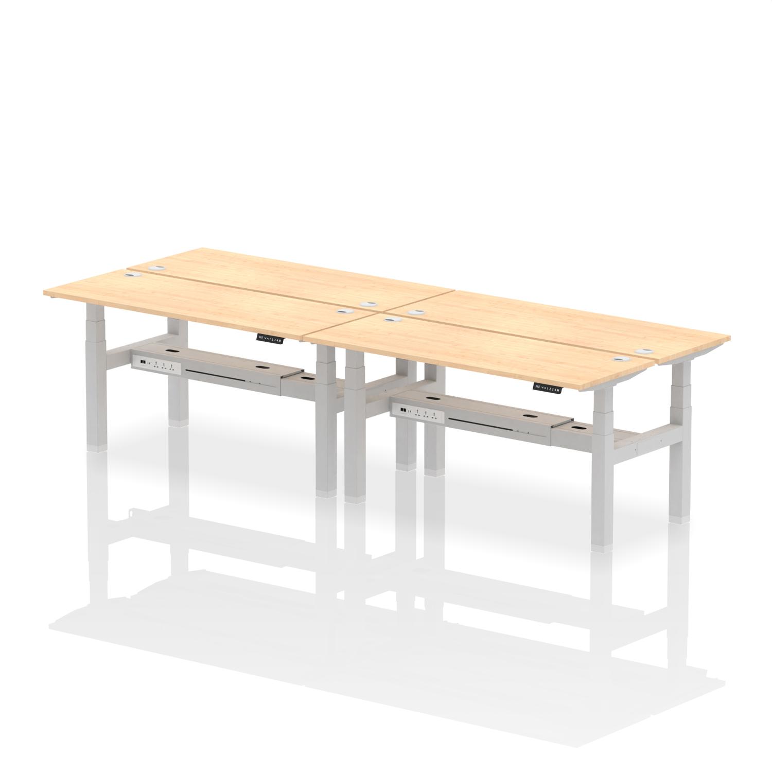 Air Back-to-Back 1600 x 600mm Height Adjustable 4 Person Office Bench Desk Maple Top with Cable Ports Silver Frame