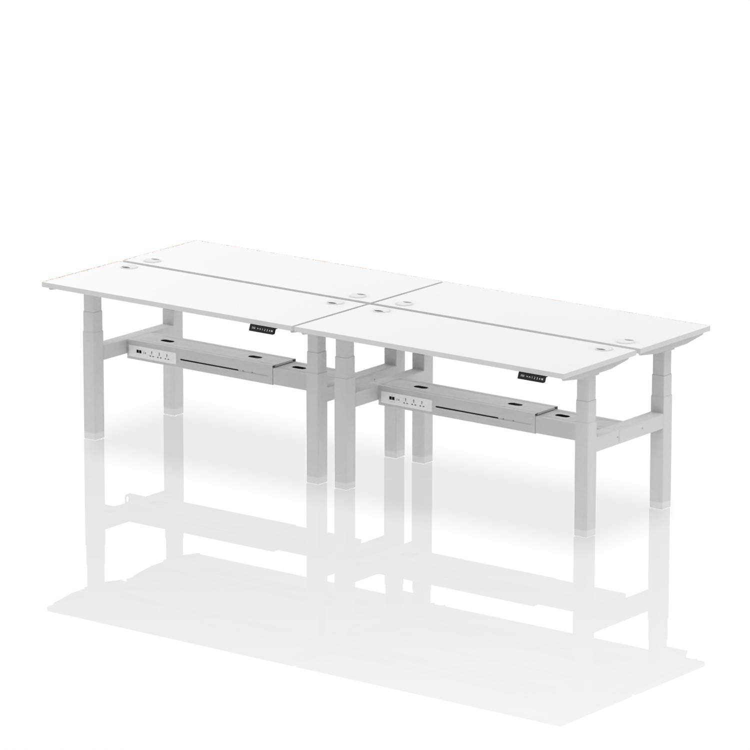 Air Back-to-Back 1600 x 600mm Height Adjustable 4 Person Office Bench Desk White Top with Cable Ports Silver Frame