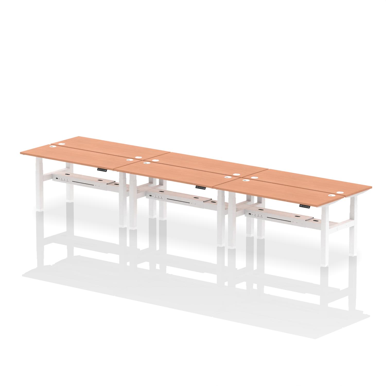 Air Back-to-Back 1600 x 600mm Height Adjustable 6 Person Office Bench Desk Beech Top with Cable Ports White Frame