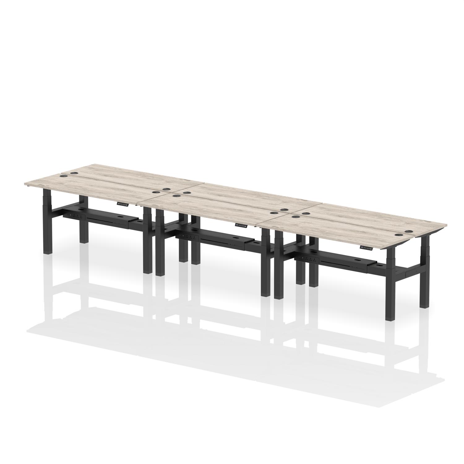 Air Back-to-Back 1600 x 600mm Height Adjustable 6 Person Office Bench Desk Grey Oak Top with Cable Ports Black Frame