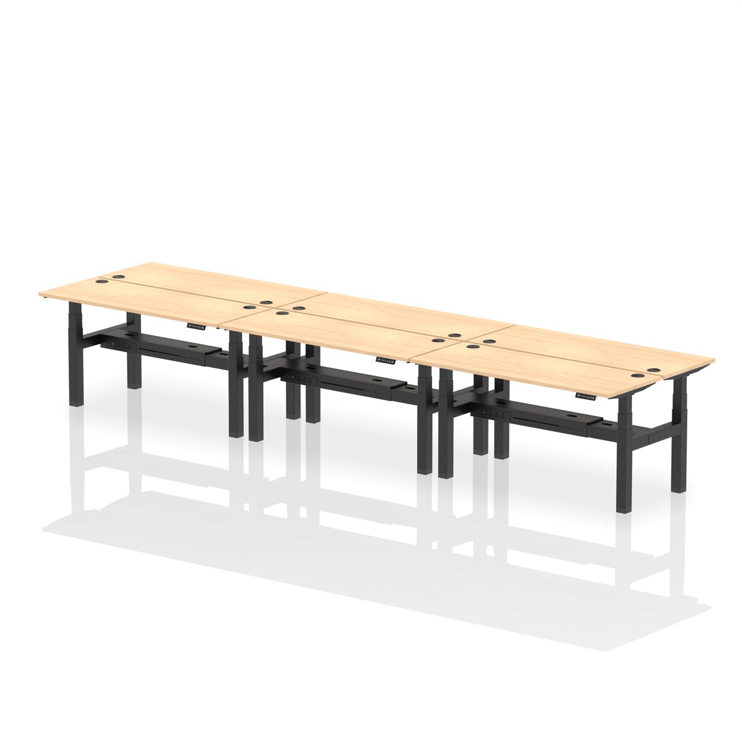 Air Back-to-Back 1600 x 600mm Height Adjustable 6 Person Office Bench Desk Maple Top with Cable Ports Black Frame
