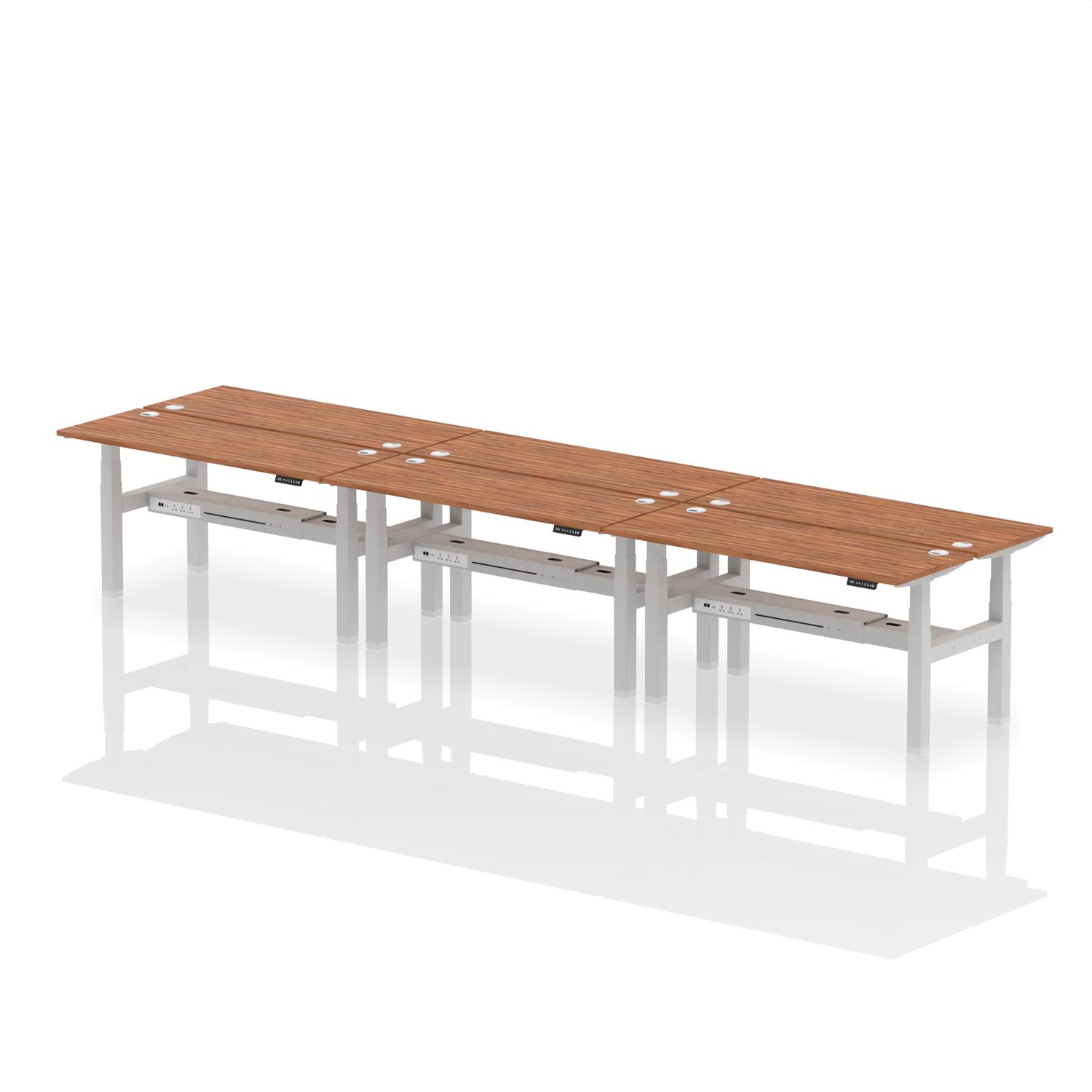 Air Back-to-Back 1600 x 600mm Height Adjustable 6 Person Office Bench Desk Walnut Top with Cable Ports Silver Frame