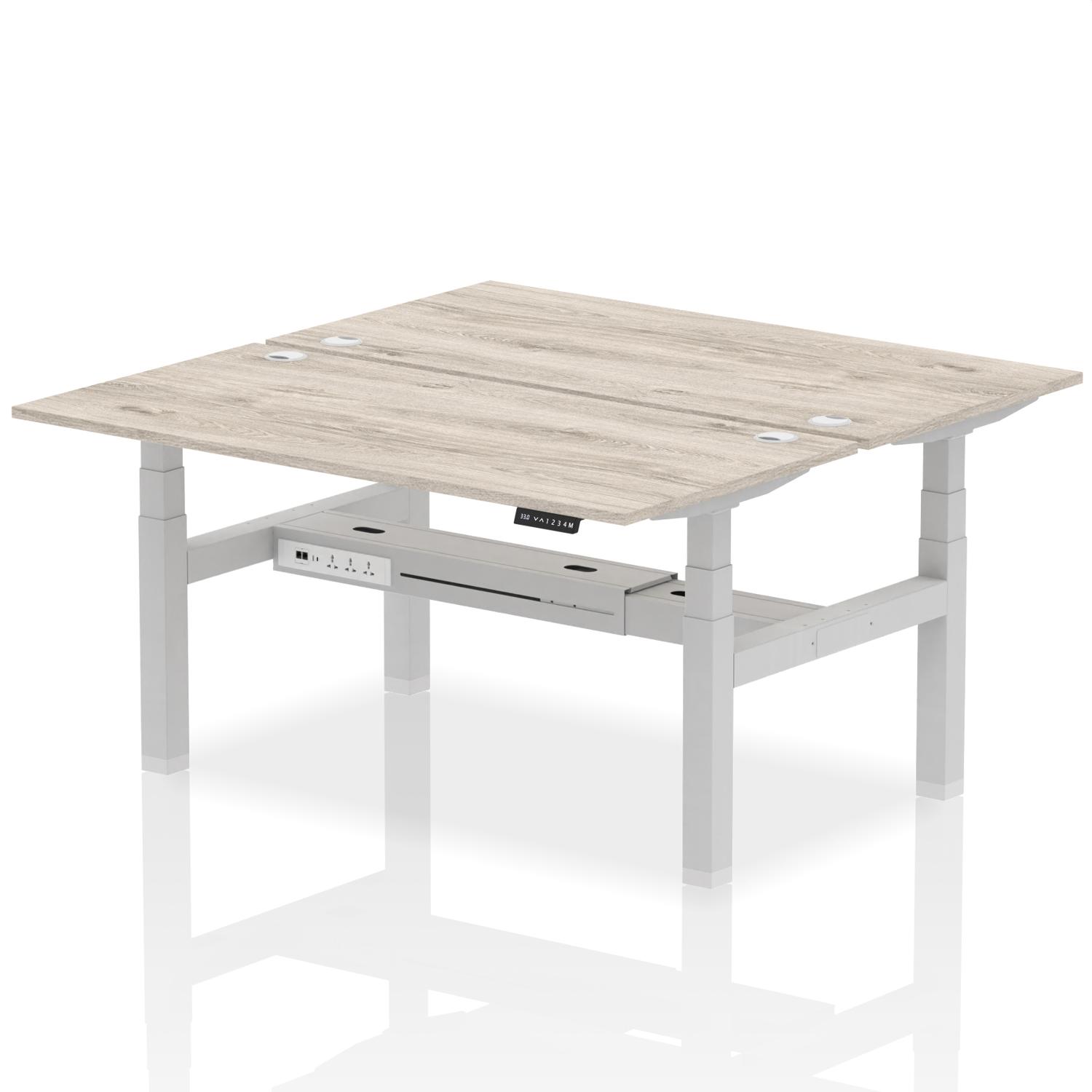 Air Back-to-Back 1600 x 800mm Height Adjustable 2 Person Office Bench Desk Grey Oak Top with Cable Ports Silver Frame