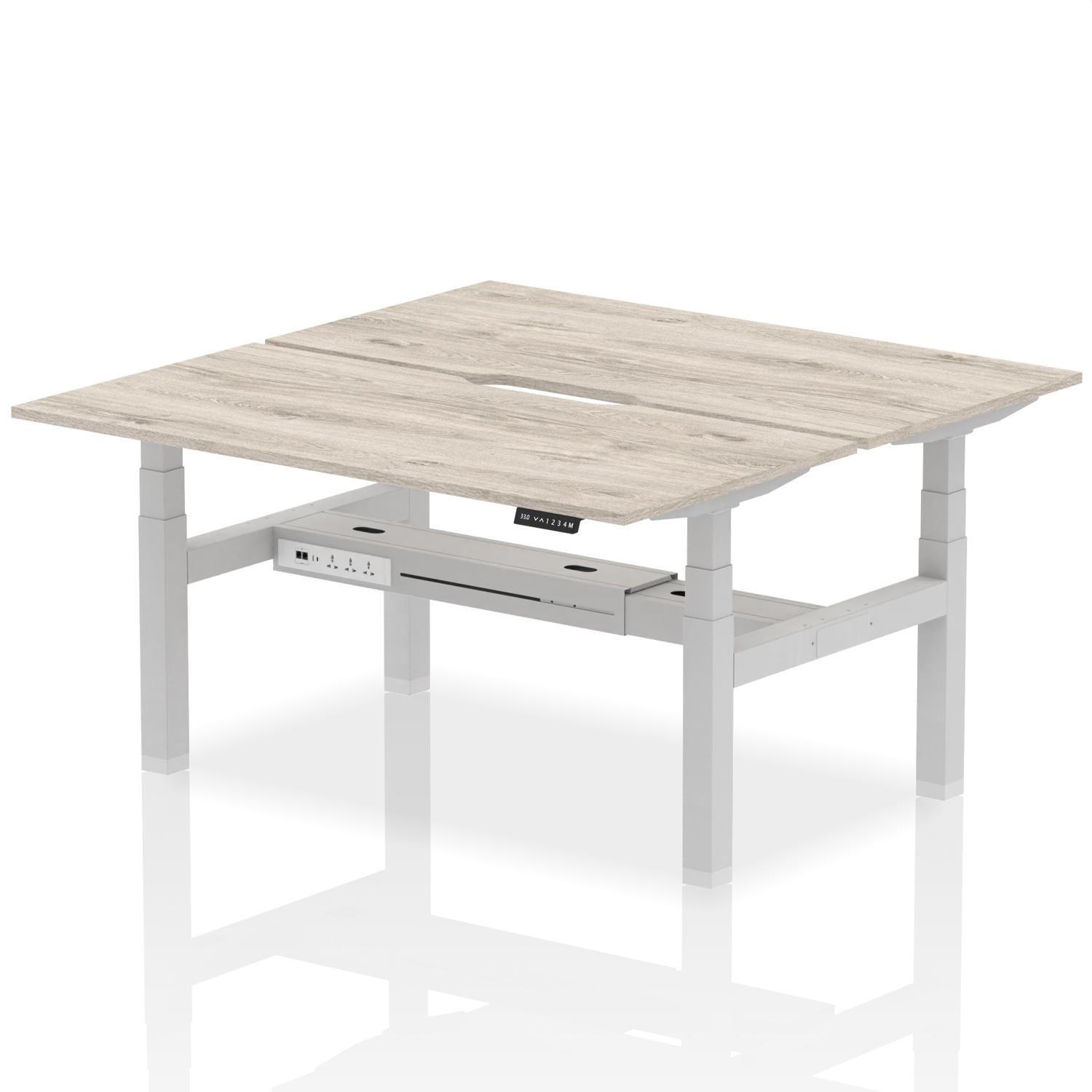 Air Back-to-Back 1600 x 800mm Height Adjustable 2 Person Office Bench Desk Grey Oak Top with Scalloped Edge Silver Frame