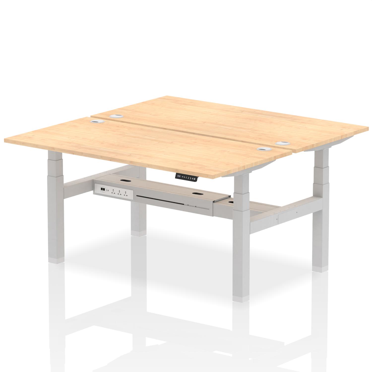 Air Back-to-Back 1600 x 800mm Height Adjustable 2 Person Office Bench Desk Maple Top with Cable Ports Silver Frame