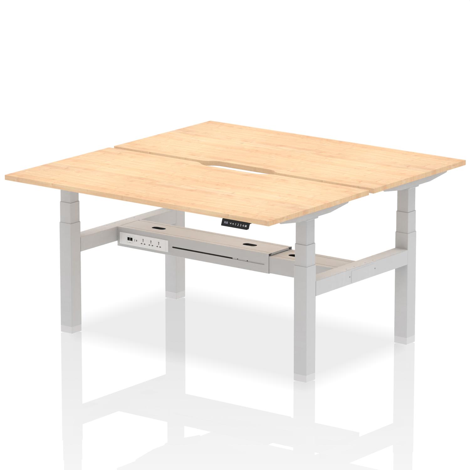 Air Back-to-Back 1600 x 800mm Height Adjustable 2 Person Office Bench Desk Maple Top with Scalloped Edge Silver Frame