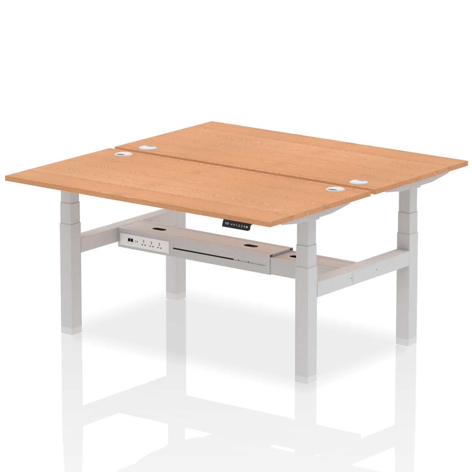 Air Back-to-Back 1600 x 800mm Height Adjustable 2 Person Office Bench Desk Oak Top with Cable Ports Silver Frame