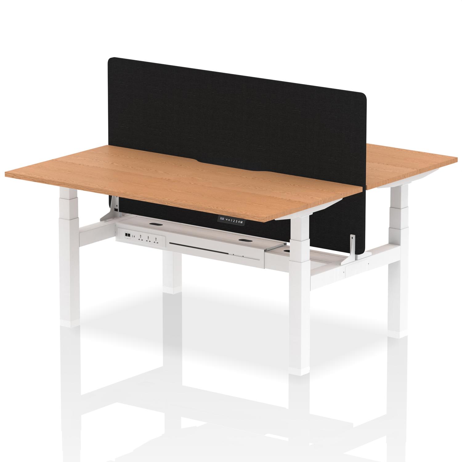 Air Back-to-Back 1600 x 800mm Height Adjustable 2 Person Office Bench Desk Oak Top with Scalloped Edge White Frame with Black Straight Screen