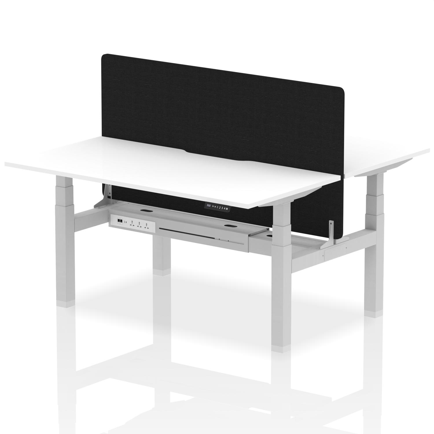 Air Back-to-Back 1600 x 800mm Height Adjustable 2 Person Office Bench Desk White Top with Scalloped Edge Silver Frame with Black Straight Screen