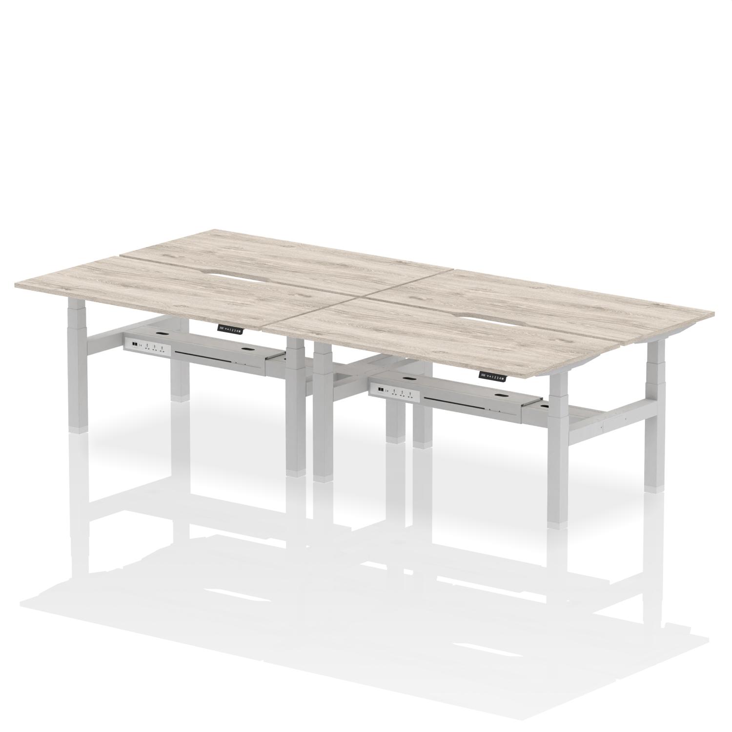 Air Back-to-Back 1600 x 800mm Height Adjustable 4 Person Office Bench Desk Grey Oak Top with Scalloped Edge Silver Frame