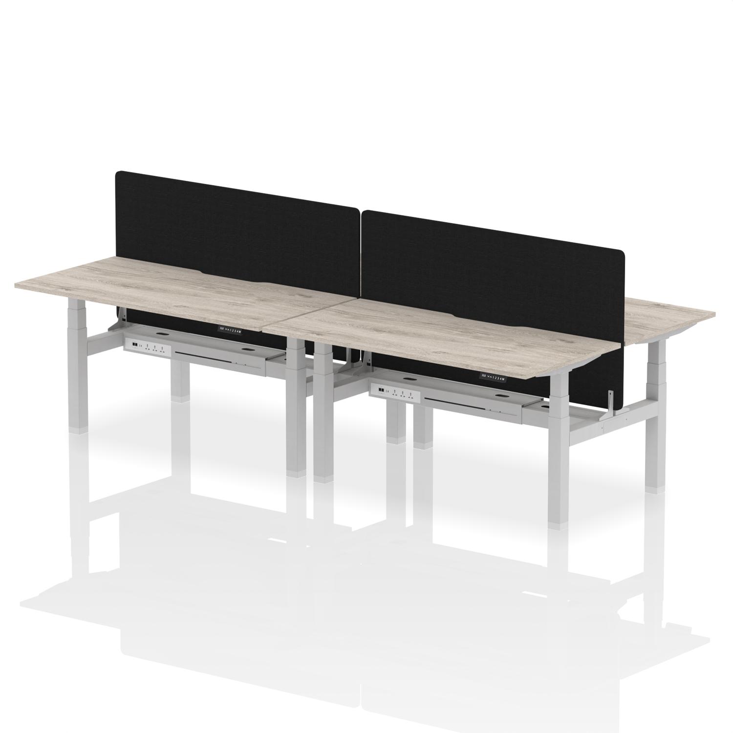 Air Back-to-Back 1600 x 800mm Height Adjustable 4 Person Office Bench Desk Grey Oak Top with Scalloped Edge Silver Frame with Black Straight Screen Air Back-to-Back 1600 x 800mm Height Adjustable 4 Person Office Bench Desk Grey Oak Top with Scalloped Edge Silver Frame with Black Straight Screen