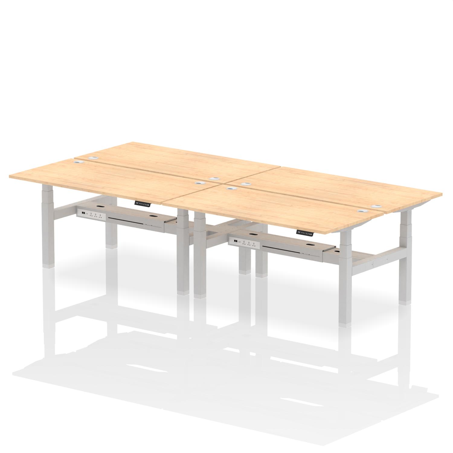 Air Back-to-Back 1600 x 800mm Height Adjustable 4 Person Office Bench Desk Maple Top with Cable Ports Silver Frame