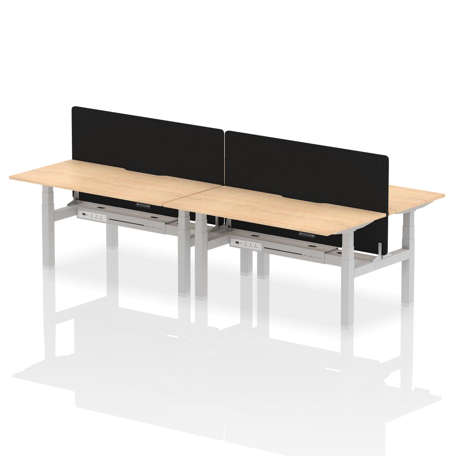 Air Back-to-Back 1600 x 800mm Height Adjustable 4 Person Office Bench Desk Maple Top with Scalloped Edge Silver Frame with Black Straight Screen