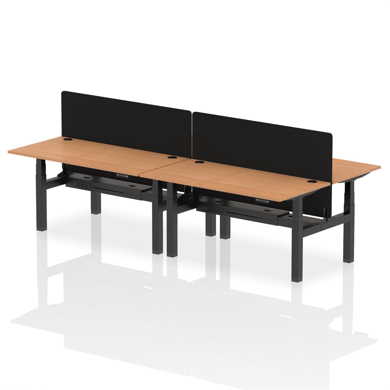 Air Back-to-Back 1600 x 800mm Height Adjustable 4 Person Office Bench Desk Oak Top with Cable Ports Black Frame with Black Straight Screen