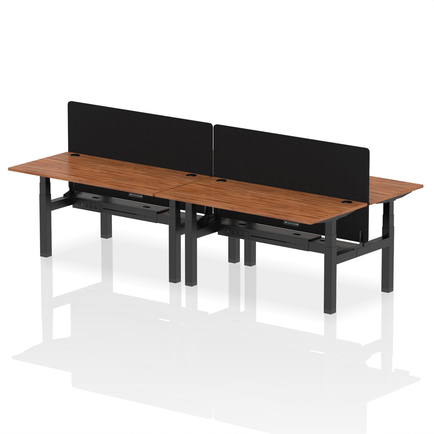 Air Back-to-Back 1600 x 800mm Height Adjustable 4 Person Office Bench Desk Walnut Top with Cable Ports Black Frame with Black Straight Screen