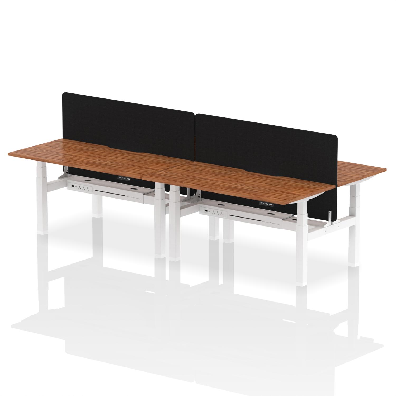 Air Back-to-Back 1600 x 800mm Height Adjustable 4 Person Office Bench Desk Walnut Top with Scalloped Edge White Frame with Black Straight Screen
