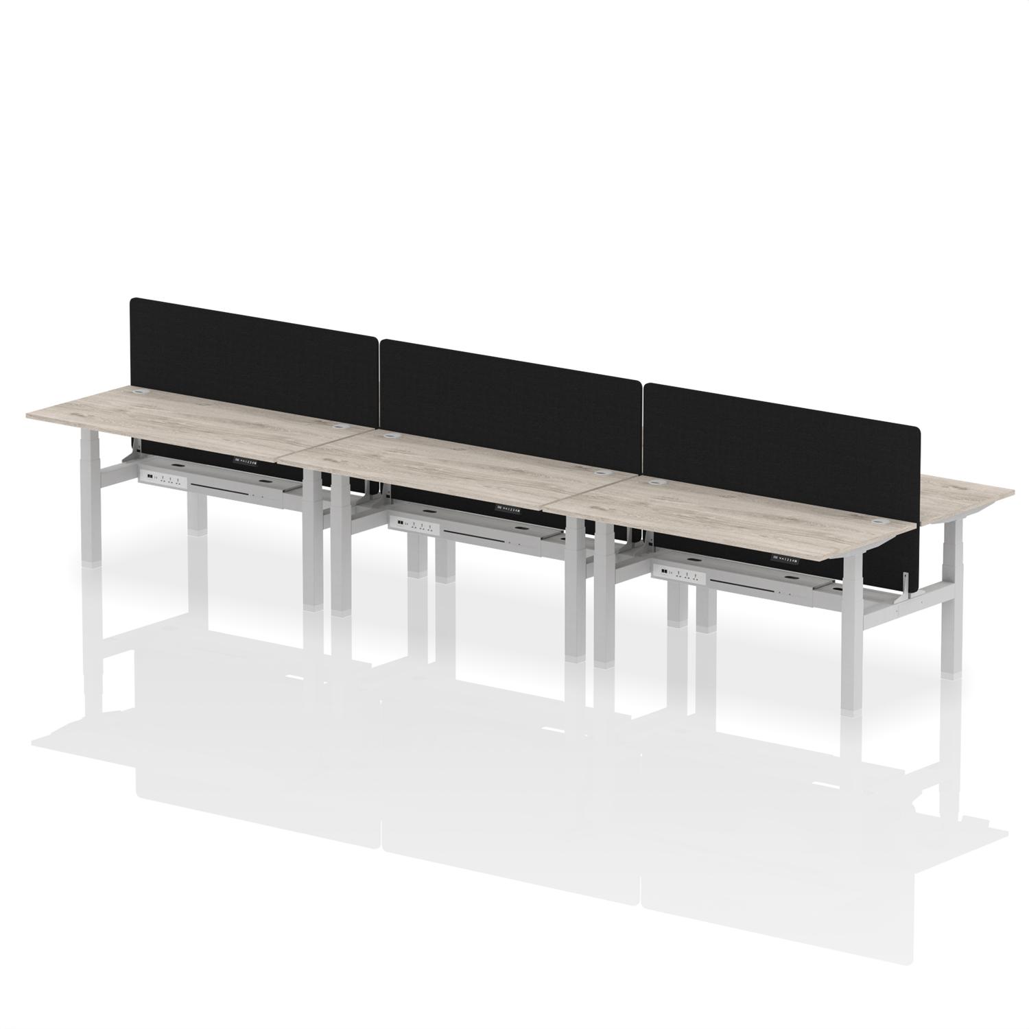 Air Back-to-Back 1600 x 800mm Height Adjustable 6 Person Office Bench Desk Grey Oak Top with Cable Ports Silver Frame with Black Straight Screen