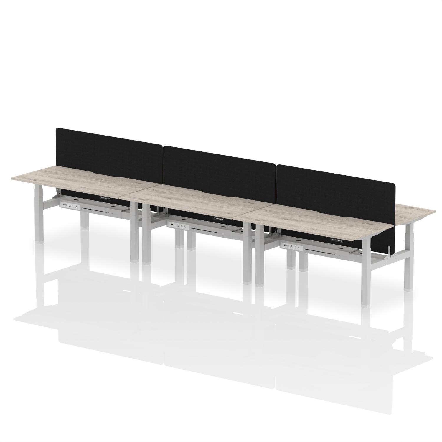 Air Back-to-Back 1600 x 800mm Height Adjustable 6 Person Office Bench Desk Grey Oak Top with Scalloped Edge Silver Frame with Black Straight Screen