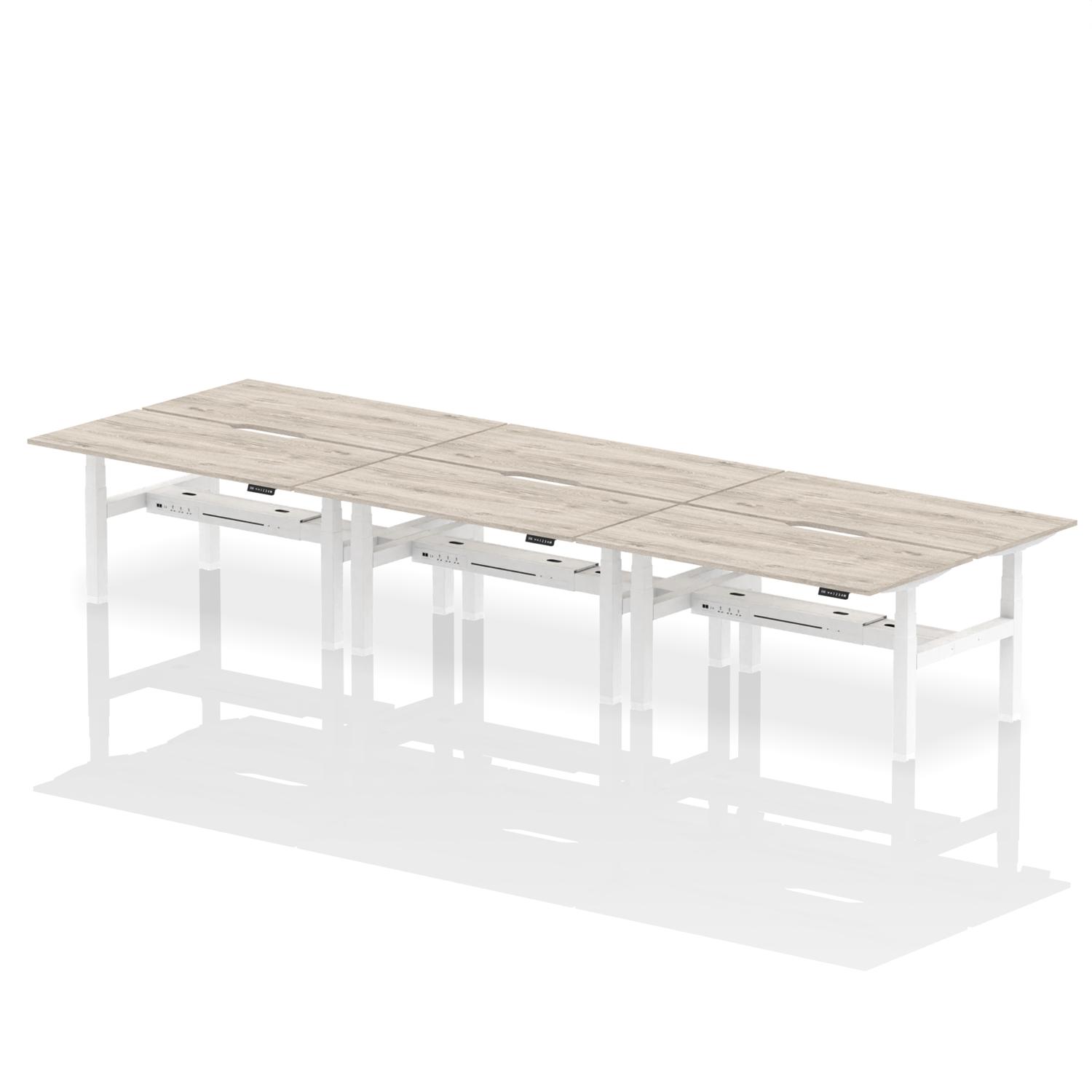 Air Back-to-Back 1600 x 800mm Height Adjustable 6 Person Office Bench Desk Grey Oak Top with Scalloped Edge White Frame