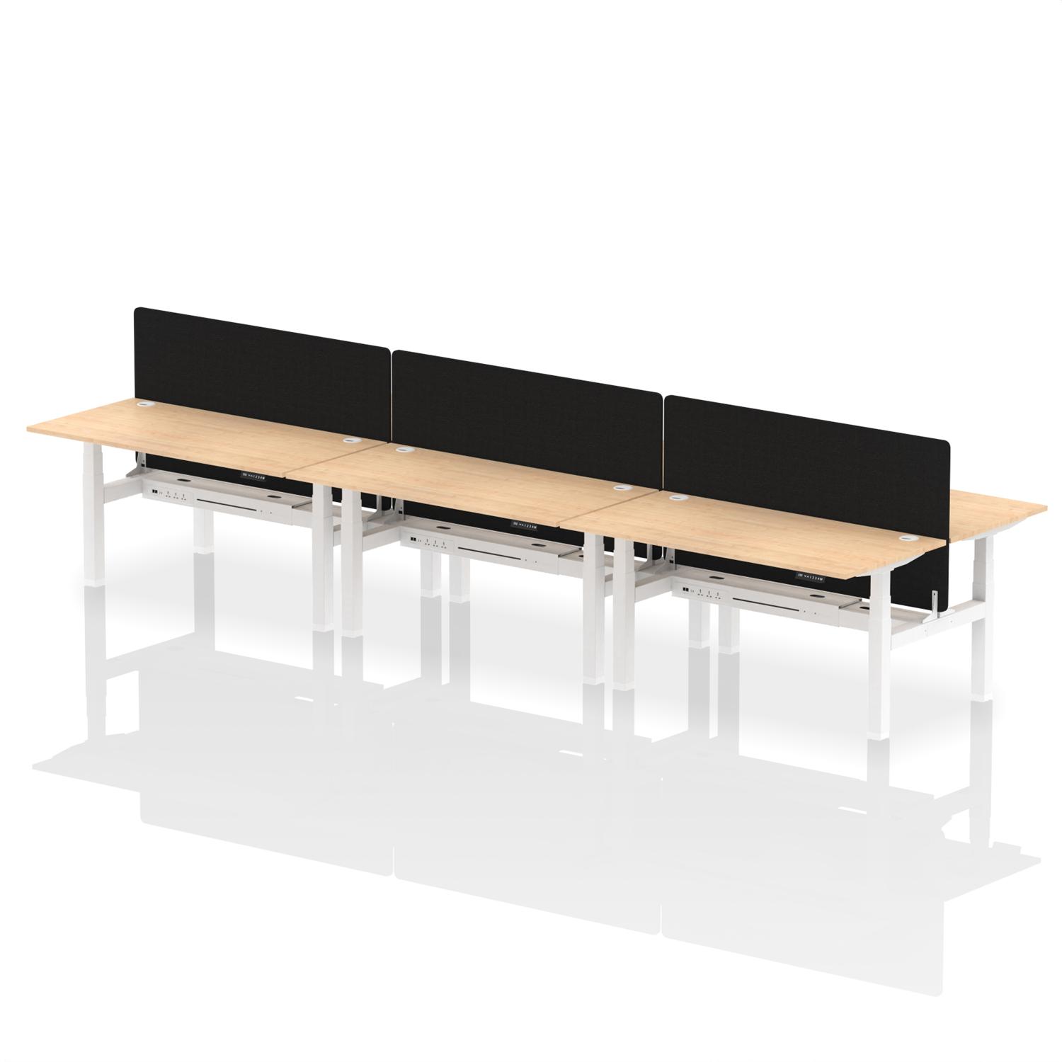 Air Back-to-Back 1600 x 800mm Height Adjustable 6 Person Office Bench Desk Maple Top with Cable Ports White Frame with Black Straight Screen