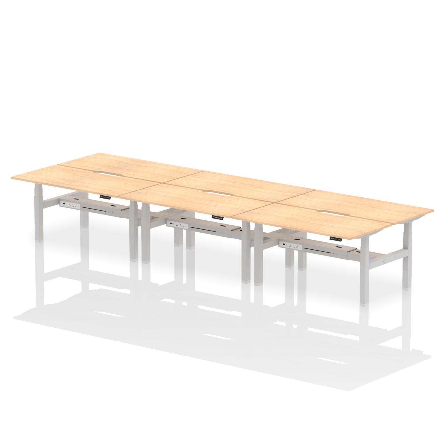 Air Back-to-Back 1600 x 800mm Height Adjustable 6 Person Office Bench Desk Maple Top with Scalloped Edge Silver Frame