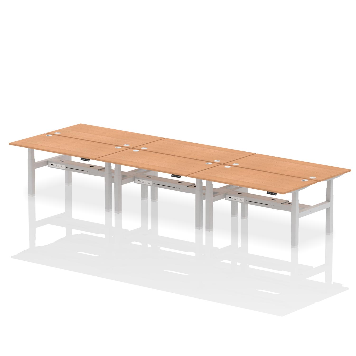 Air Back-to-Back 1600 x 800mm Height Adjustable 6 Person Office Bench Desk Oak Top with Cable Ports Silver Frame