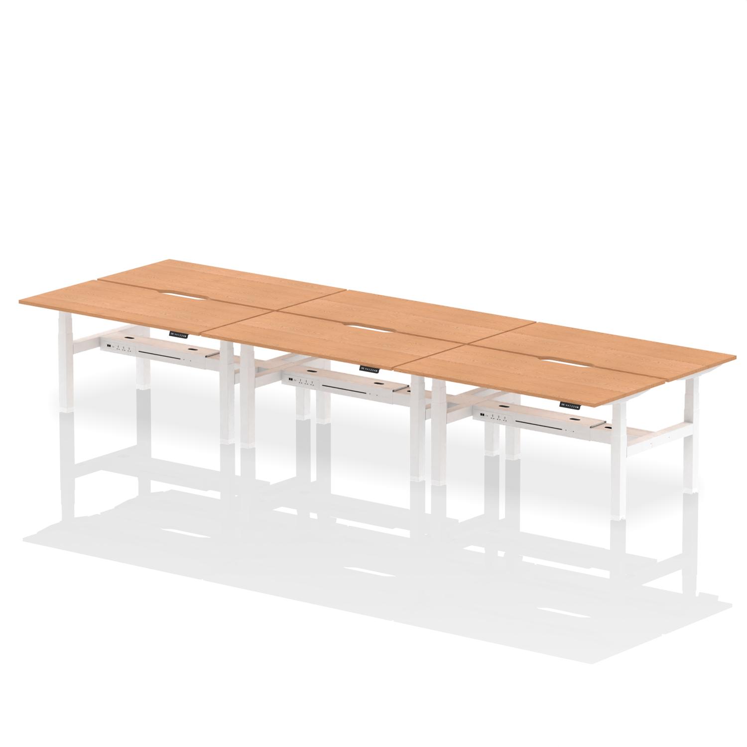 Air Back-to-Back 1600 x 800mm Height Adjustable 6 Person Office Bench Desk Oak Top with Scalloped Edge White Frame
