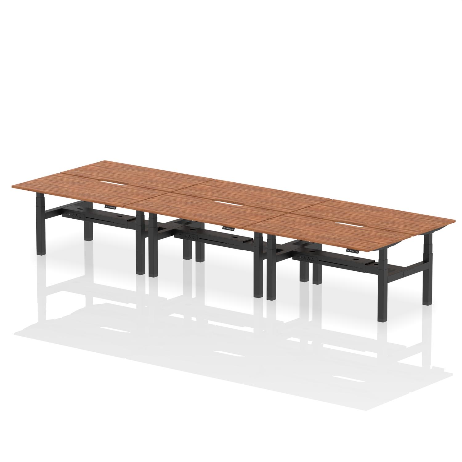Air Back-to-Back 1600 x 800mm Height Adjustable 6 Person Office Bench Desk Walnut Top with Scalloped Edge Black Frame
