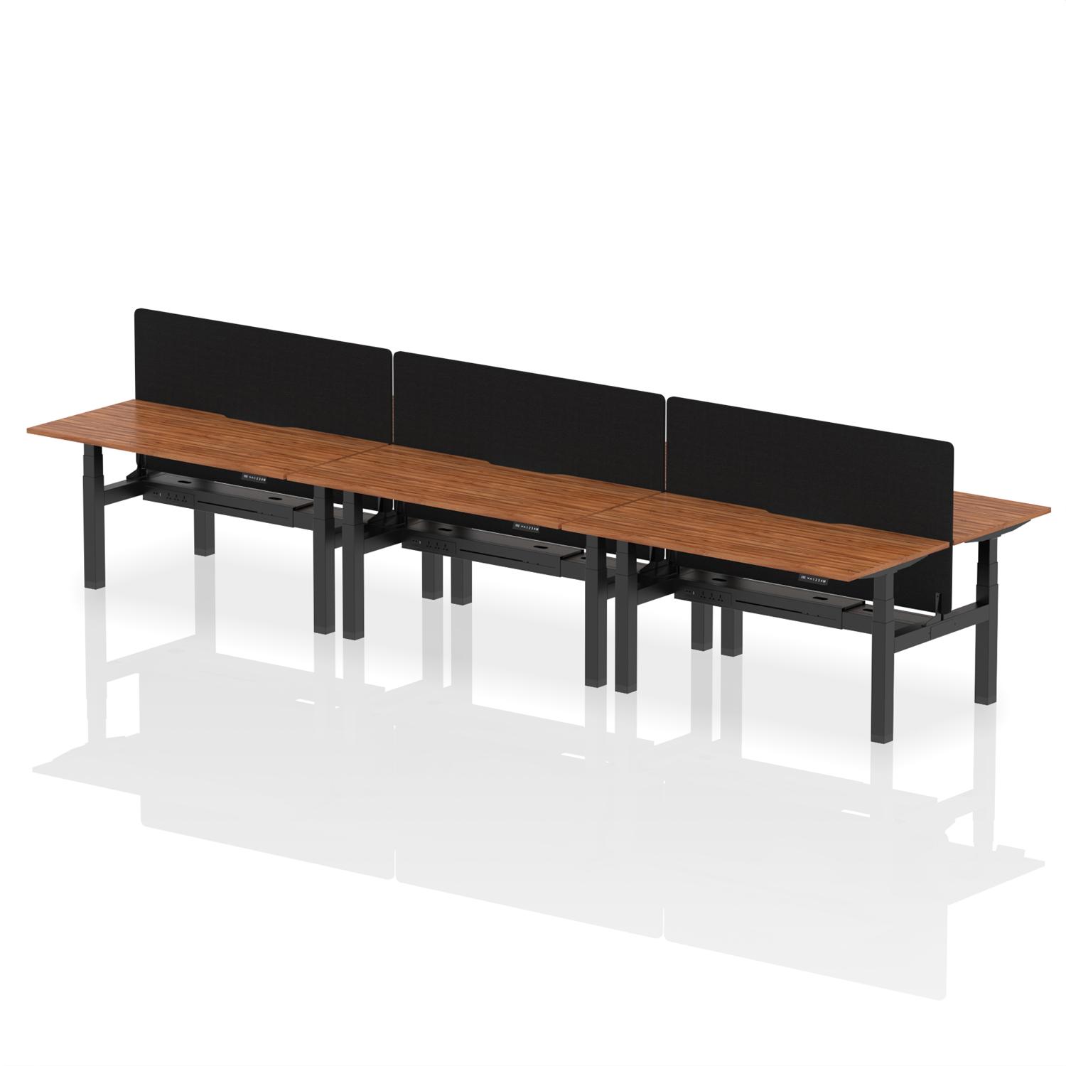 Air Back-to-Back 1600 x 800mm Height Adjustable 6 Person Office Bench Desk Walnut Top with Scalloped Edge Black Frame with Black Straight Screen