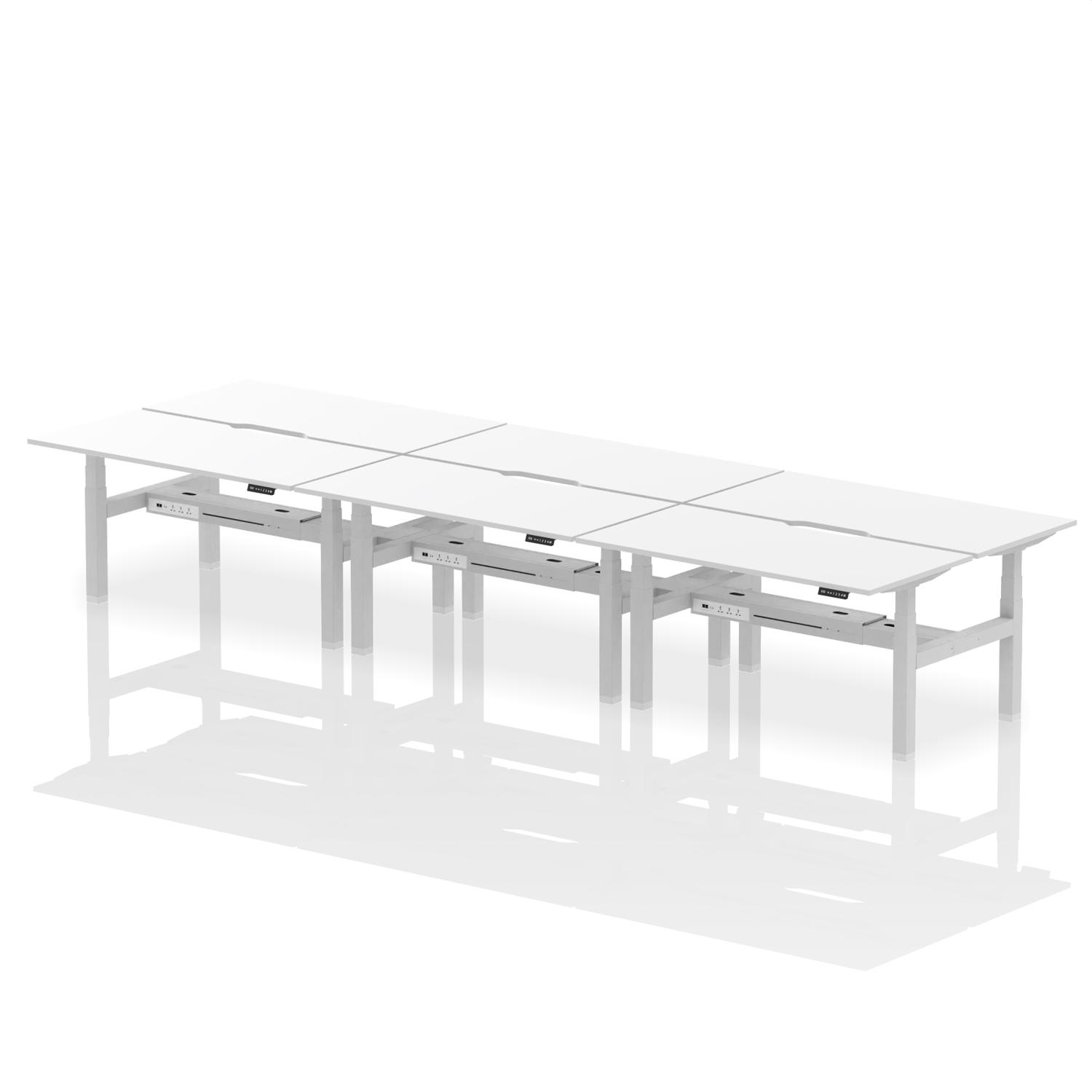 Air Back-to-Back 1600 x 800mm Height Adjustable 6 Person Office Bench Desk White Top with Scalloped Edge Silver Frame